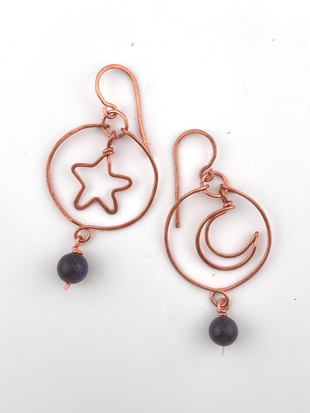 HANDMADE Moon and Star Copper Wire Wrapped Dangle Earrings, Jewelry Gift for Her